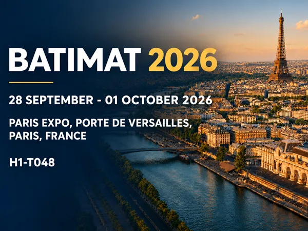 Batimat 2026 building materials exhibition in Paris with Eiffel Tower background.