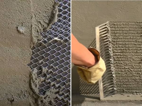 Apply and scratch the mortar surface with a metal rake.